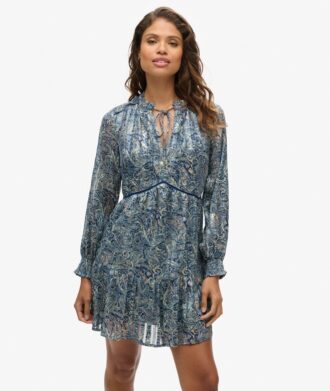 Bedrukte metallic mini-jurk met lange mouwen