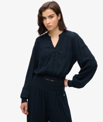 Blouse met lange mouwen, kanten rand en smockwerk