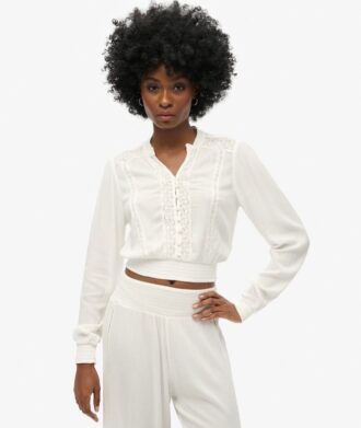 Blouse met lange mouwen, kanten rand en smockwerk