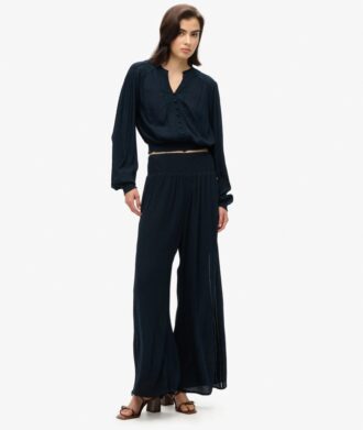 Blouse met lange mouwen, kanten rand en smockwerk