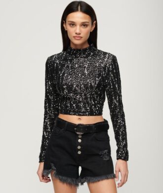 Crop top met lange mouwen en pailletten
