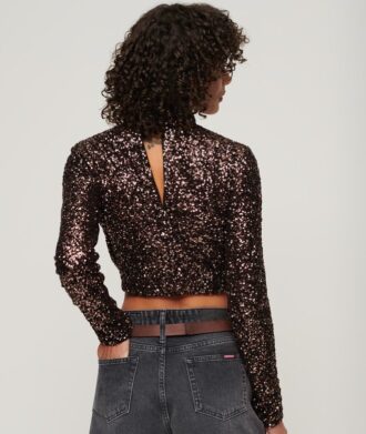 Crop top met lange mouwen en pailletten
