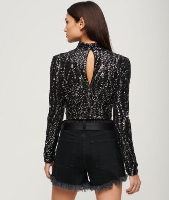 Crop top met lange mouwen en pailletten
