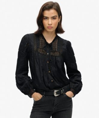 Geweven kanten blouse met lange mouwen