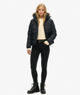 Kort Hooded Puffer jack met capuchon van imitatiebont