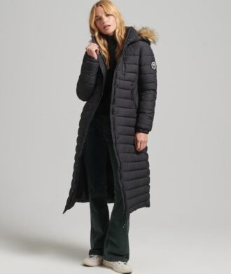 Lange, licht gewatteide Puffer-Puffer-Jacke mit Hooded-Capuchon aus Imitatbont