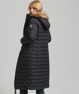 Lange, licht gewatteide Puffer-Puffer-Jacke mit Hooded-Capuchon aus Imitatbont