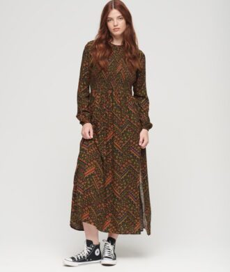 Maxijurk met print en smockwerk
