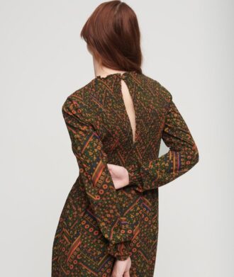 Maxijurk met print en smockwerk