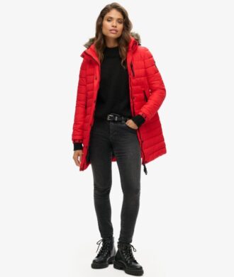 Middenlang pufferjack met Hooded capuchon van imitatiebont