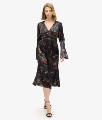 Midi-jurk met jacquard en uitlopende mouwen