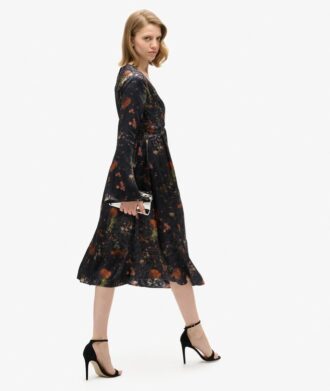 Midi-jurk met jacquard en uitlopende mouwen