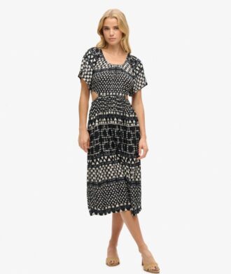 Midi-jurk met print en uitsnijdingen