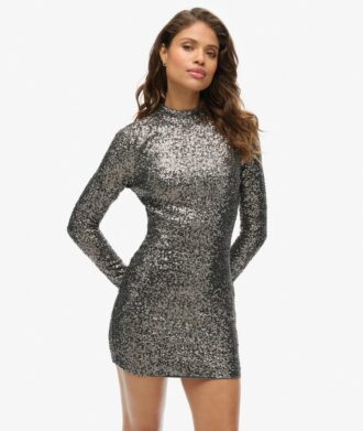 Mini-jurk met pailletten en hoge kraag