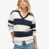 Oversized trui met strepen en kabelpatroon en V-hals Oversized trui met strepen en kabelpatroon en V-hals