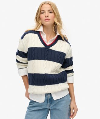 Oversized trui met strepen en kabelpatroon en V-hals