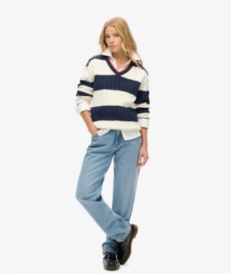 Oversized trui met strepen en kabelpatroon en V-hals
