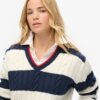 Oversized trui met strepen en kabelpatroon en V-hals Oversized trui met strepen en kabelpatroon en V-hals