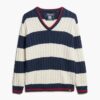 Oversized trui met strepen en kabelpatroon en V-hals Oversized trui met strepen en kabelpatroon en V-hals