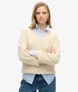 Oversized V-hals kabeltrui van gebreide kleding