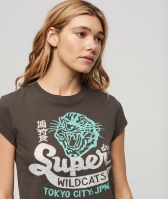 T-shirt met korte mouwen en versierde posterprint