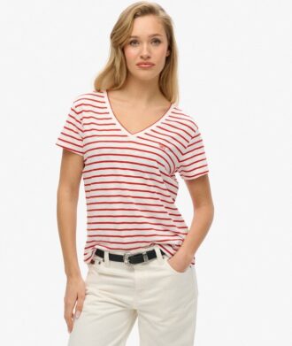 T-shirt met V-hals en slubborduursel