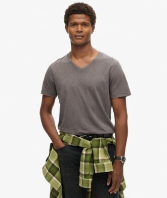 T-shirt met V-hals, slub en korte mouwen