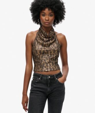 Top met cowl-halslijn en pailletten