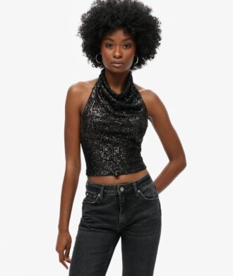 Top met cowl-halslijn en pailletten